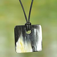 Square bull horn pendant necklace, 'Breeze' - Handmade Square Bull Horn Pendant Necklace with Leather Cord