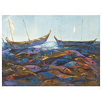 'What Future II' - Original Acrylic Painting Fish and Boats from West Africa