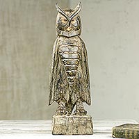 Wood sculpture, 'Stoic Owl' - Wooden Upright Owl Sculpture Hand Carved in Ghana