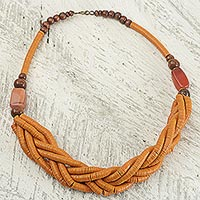 Braided bead necklace, 'Sosongo in Orange' - Handcrafted Orange Braided Bead Necklace with Wood and Agate