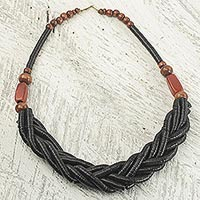 Braided bead necklace, 'Sosongo in Black' - Handcrafted Black Braided Bead Necklace with Wood and Agate
