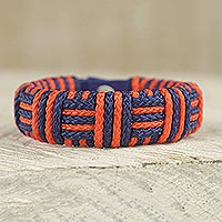 Cord bracelet, 'Blue and Orange Kente Power' - Blue and Orange Cord Striped Bracelet Handmade in Ghana