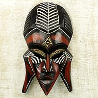 African wood mask, 'Fumnaya Love' - Hand Carved Wood Brass African Mask Red Black from Ghana