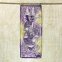Batik cotton wall hanging, 'Ancestral Spirits' - Cotton Batik Wall Hanging in Purple from Ghana