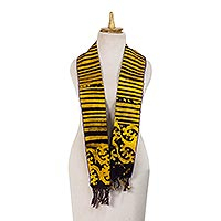 Cotton batik scarf, 'Gye Nyame' - Hand Crafted 100% Cotton Batik Scarf with Fringe from Ghana