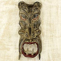 African wood mask, 'Teeth of the Tiger' - Hand Carved Wood African Tiger Mask from Ghana