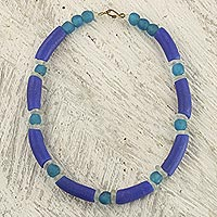Recycled glass beaded necklace, 'Winding River' - Blue Recycled Glass Beaded Necklace from Ghana Jewelry