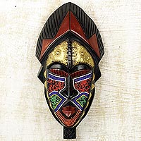 African wood mask, 'Ayomide II' - Hand Carved Sese Wood and Brass Wall Mask from West Africa