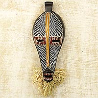 African wood mask, 'Monifa' - Hand Carved Ghanaian Sese Wood Wall Mask with Raffia
