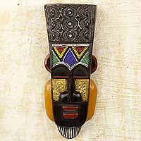 African wood mask, 'Obi' - Hand Carved Ghanaian Wall Mask with Brass and Beaded Accents