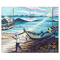'End of August' - Signed Seascape Painting of African Fishermen at Dawn