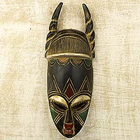 African wood mask, 'Twisted Horn' - Ghanaian Hand Carved Horned Mask in Black and Gold