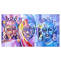 'Beauty Contest' - Multicolored Cubist Painting of People from Ghana
