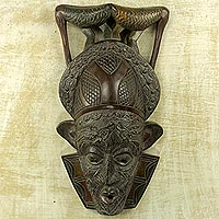 African wood mask, 'Bird Perch' - Ghana Wood Mask Hand Carved with Birds