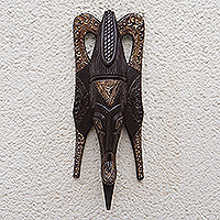 African wood mask, 'Butterfly Mask' - Ghana Wood Mask Hand Carved Black and Gold