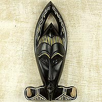 Wood key holder, 'Blessed Face' - Hand Carved Black Wood Key Holder from Ghana
