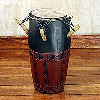 Wood kpanlogo drum, 'Diamond Rhythms' - Hand Made Wood Kpanlogo Drum in Red and Black from Ghana