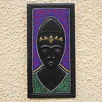 African wood wall decor, 'Dagomba' - Original African Wood Wall Art with Glass Bead Accents