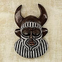 African beaded wood mask, 'Kafo Horns' - Black and White Beaded African Wood Horn Wall Mask of Power