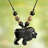 Wood pendant necklace, 'Mighty Lion' - Artisan Crafted Mighty Lion Wood Pendant Necklace from Ghana