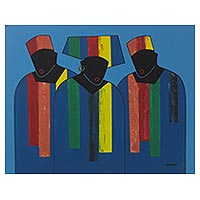 'Fashion Preview' - Signed Multicolored Cubist Painting of People from Ghana