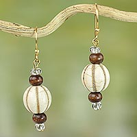 Wood and glass dangle earrings, 'Xoexe' - Handmade Dangle Earrings of Natural Wood and Recycled Glass