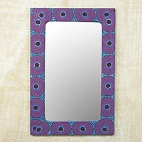 Cotton and wood wall mirror, 'Violet Destiny' - Cotton and Sese Wood Mirror in Violet and Indigo from Ghana