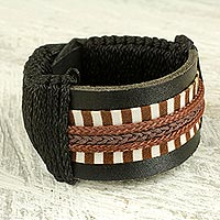 Men's leather wristband bracelet, 'Hausa Da'u' - Hand Made Hausa Warrior Leather Wristband Bracelet for Men