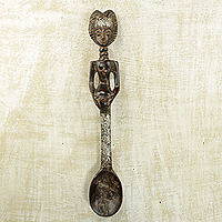 Wood wall sculpture, 'Spoon Lady' - Wood and Aluminum Wall Sculpture of a Woman with a Spoon