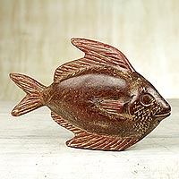 Wood sculpture, 'Spadefish' - Sese Wood Sculpture of a Fish by a Ghanaian Artist