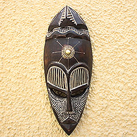 African wood mask, 'Virtuous Asomdwee' - African Sese Wood Aluminum and Brass Wall Mask from Ghana