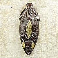 African wood mask, 'Village Asemkafo' - Hand Crafted African Sese Wood and Brass Mask from Ghana