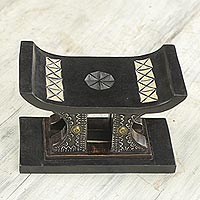 Wood mini decorative stool, 'African Legend in Black' - Wood and Aluminum Miniature Decorative Stool in Black