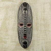 African wood mask, 'Elephant Strength' - Painted Sese Wood and Aluminum Wall Mask from Ghana