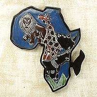 Wood wall art, 'African Animals' - Handcrafted Africa Shaped Sese Wood Wall Art from Ghana