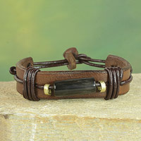 Men's leather and horn wristband bracelet, 'Natural Fusion in Brown' - Horn and Dark Brown Leather Wristband Bracelet from Ghana