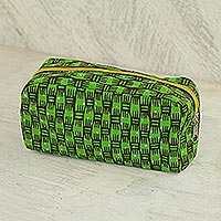 Cotton cosmetic bag, 'Vibrant Kiwi' - Cotton Cosmetic Bag in Kiwi and Mahogany from Ghana
