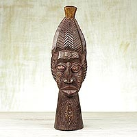 African wood mask, 'Basasa Marriage' - Sese Wood and Aluminum African Marriage Mask from Ghana