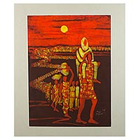 Batik painting, 'Sunset Exodus' - Signed Batik on Cotton Painting of Migrants from Ghana