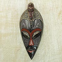 African wood mask, 'Good Thing' - Handcrafted Sese Wood and Aluminum Wall Mask from Ghana