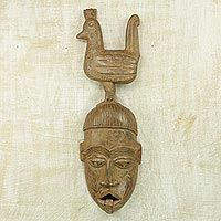 African wood mask, 'Rooster Friend' - Handcrafted Sese Wood Wall Mask from Ghana