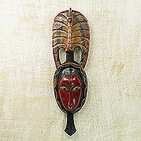 African wood mask, 'Tribal Peacock' - Hand Carved Sese Wood Wall Mask with Peacock from Ghana