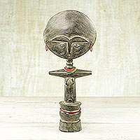 Wood fertility doll, 'Emerging from a Pot' - Wood and Recycled Glass Beaded Fertility Doll from Ghana