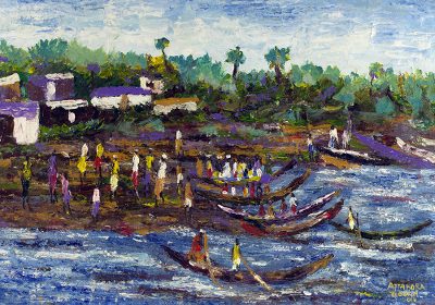 'Elmina Fishing Port' - Signed Impressionist African Sea Shore Landscape