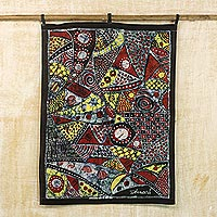 Batik cotton wall hanging, 'Our Customs' - Batik Cotton Wall Hanging with Cultural Motifs from Ghana