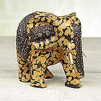 Wood statuette, 'Spotted Elphant' - Handcrafted Wood and Aluminum Elephant Statuette from Ghana