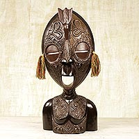 African wood mask, 'Lucky Woman' - Handcrafted Ghanaian Sese Wood and Aluminum Mask Sculpture