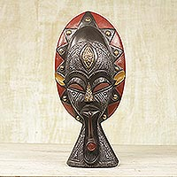 African wood mask, 'Smoking Businessman' - Handcrafted African Sese Wood Mask on Stand from Ghana