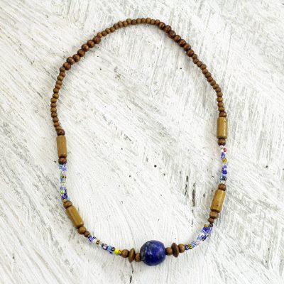 Recycled glass and wood beaded necklace, African Fantasy
