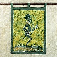 Batik wall hanging, 'Mystic Mamfe Hunter in Moss' - Batik Cotton Wall Hanging of an African Hunter in Moss
